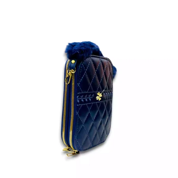 Navy Blue Quilted Pouch with Soft Fur Handle & Detachable Strap - Image 2