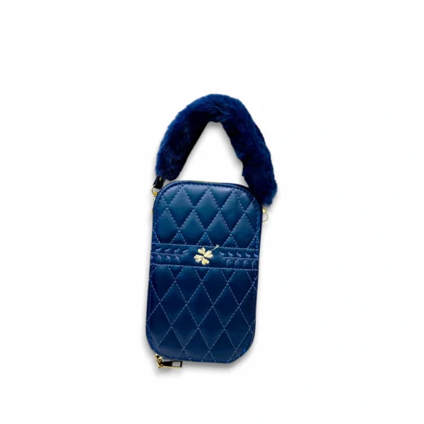 Navy Blue Quilted Pouch with Soft Fur Handle & Detachable Strap - Image 4