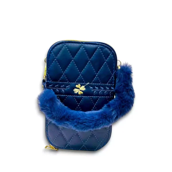 Navy Blue Quilted Pouch with Soft Fur Handle & Detachable Strap - Image 5