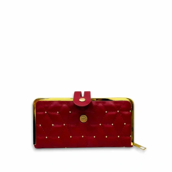 Maroon Quilted Clutch with Golden Frame & Button Closure - Image 2