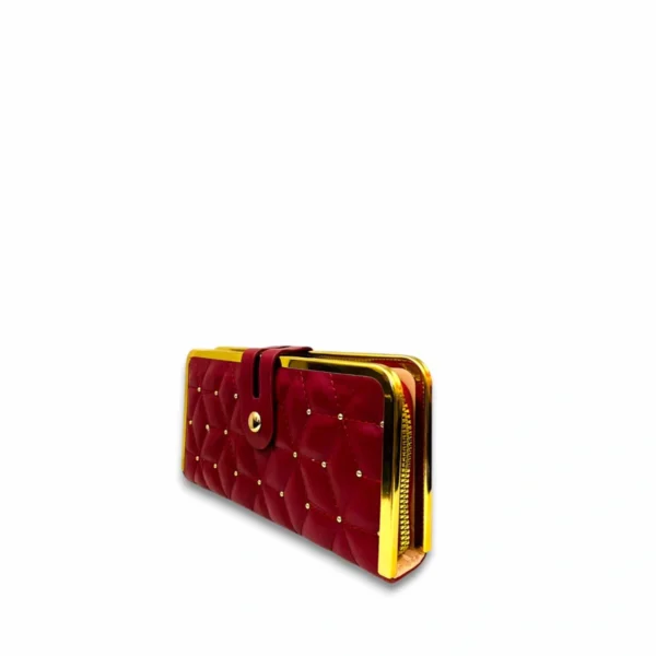 Maroon Quilted Clutch with Golden Frame & Button Closure - Image 4